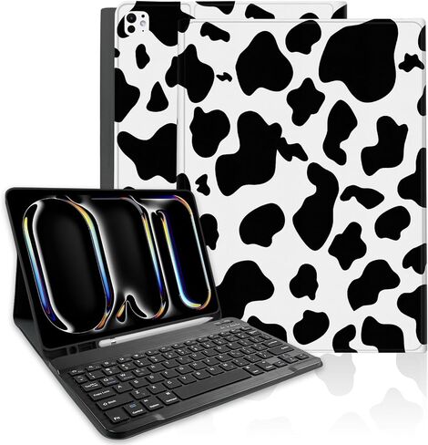 TopPerfekt for iPad Pro 11 Inch M4 2024 (5th Generation) Case with Bluetooth Keyboard Case with Screen Protector, Pencil Holder with 2 Pack 9H Hardness Tempered Glass - Black Cow in Saudi Arabia