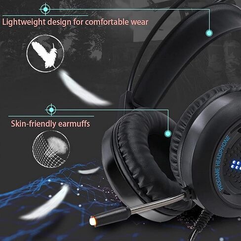 Head Set E-Sports Gaming - سماعة ألعاب خفيفة للغاية، إطار ألومنيوم خفيف الوزن - ميكروفون قلبي قابل للانحناء - للكمبيوتر الشخصي، PS4، PS5، الهاتف المحمول - أسود in Saudi Arabia