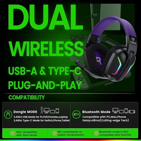 WESEARY Wireless Gaming Headset for PS5, PS4, PC, Switch & Mac, 20ms Ultra-Low Latency, 2.4GHz USB & Bluetooth 5.4 Gaming Headphones with Mic, 50H Battery Life, 3D Spatial Audio, Dynamic Lighting in Saudi Arabia