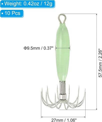 PATIKIL 12g Luminous Squid Jig Hooks, 10 Pcs Cuttlefish Sleeve Saltwater Fishing Lures Bait Jig Glow in Dark with 12 Stainless Steel Needles, Green in Saudi Arabia