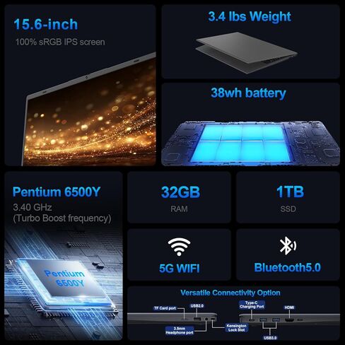 كمبيوتر محمول، ذاكرة الوصول العشوائي 32 جيجا بايت SSD، 1 تيرابايت SSD، كمبيوتر محمول 15.6 بوصة FHD، معالج Pentium Gold 6500Y (يصل إلى 3.4 جيجا هرتز)، ثنائي النوع C، BT5.0، USB3.2، HDMI، أجهزة كمبيوتر محمولة للأعمال والعمل in Saudi Arabia