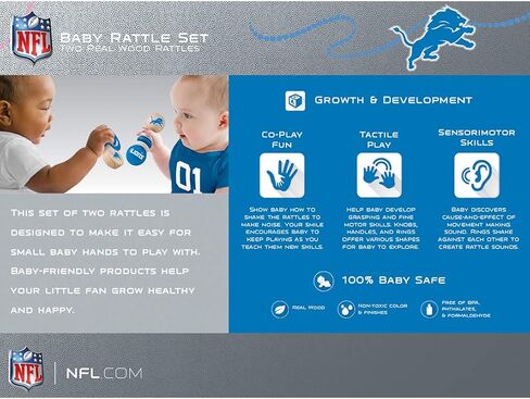 مجموعة خشخيشة للأطفال من ماستربيسز NFL Detroit Lions من الخشب الطبيعي، غير سام، خالية من البيسفينول والفثالات والفورمالدهيد، قطعتين in Kuwait