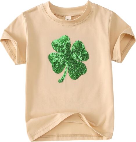 BOUTIKOME Kid Toddler Girls St. Patrick's Day Shirts Sequin Clover T-Shirt Glitter Shamrock Tees Irish Short Sleeve Tops in Saudi Arabia