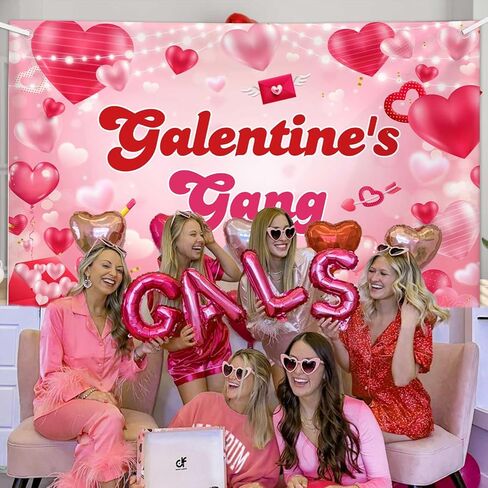 لافتة خلفية لعصابة MEHOFOND Galentine، لافتة خلفية لعيد جالنتين السعيد للفتيات والسيدات في عيد الحب ومستلزمات تزيين حفلات عيد الحب دعائم كشك الصور 6 × 3.6 قدم in Saudi Arabia