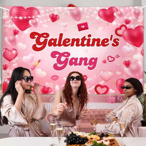 لافتة خلفية لعصابة MEHOFOND Galentine، لافتة خلفية لعيد جالنتين السعيد للفتيات والسيدات في عيد الحب ومستلزمات تزيين حفلات عيد الحب دعائم كشك الصور 6 × 3.6 قدم in Saudi Arabia