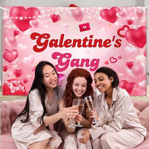 لافتة خلفية لعصابة MEHOFOND Galentine، لافتة خلفية لعيد جالنتين السعيد للفتيات والسيدات في عيد الحب ومستلزمات تزيين حفلات عيد الحب دعائم كشك الصور 6 × 3.6 قدم in Saudi Arabia
