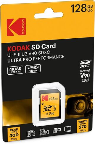 بطاقة ذاكرة Kodak 128GB UHS-II U3 ​​V90 Ultra Pro SDXC - سرعة قراءة تصل إلى 3000 ميجابايت/ثانية وبطاقة ذاكرة 64 جيجابايت UHS-II U3 ​​V90 Ultra Pro SDXC - سرعة قراءة تصل إلى 300 ميجابايت/ثانية وسرعة كتابة 270 ميجابايت/ثانية in Kuwait