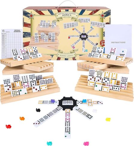 Gonoelec Mexican Train Dominoes Set with 8pcs Wooden Trays/Rack/Holder, 91 Tiles Double 12 Dominoes Game Set with Tin Box,Classic Board Games for Kids,Adults and Families in Saudi Arabia