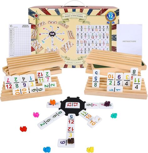 Gonoelec Mexican Train Dominoes Set with 8pcs Wooden Trays/Rack/Holder, 91 Tiles Double 12 Dominoes Game Set with Tin Box,Classic Board Games for Kids,Adults and Families in Saudi Arabia
