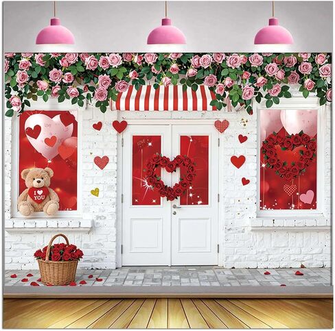 Valentine's Day Store Backdrop Pink Rose Flower Brick Wall Banner Bear Doll I Love You Romantic Themed Party Photography Background Decorations Mother's Day Birthday Photo Booth Shooting Studio Props in Saudi Arabia