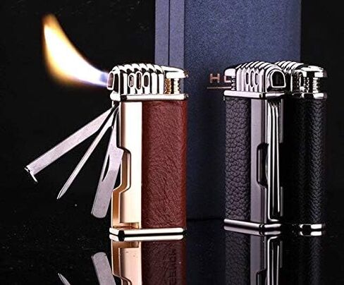 KATZONE® Leather Tobacco Pipe Lighter & Czech Tool - All in One - Soft Flame (Light Brown) in Saudi Arabia