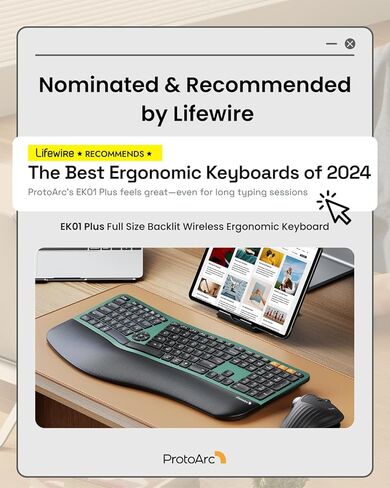 ProtoArc EK01 Plus Backlit Bluetooth Ergonomic Keyboard Green with MP50 Ergonomic Mouse Pad with Wrist Rest Black in Kuwait
