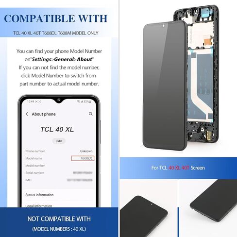 شاشة LCD لشاشة TCL 40XL مجموعة رقمية تعمل باللمس لجزء استبدال الشاشة TCL 40 XL 40T T608DL T608M مع أدوات (أسود مع إطار) in Kuwait