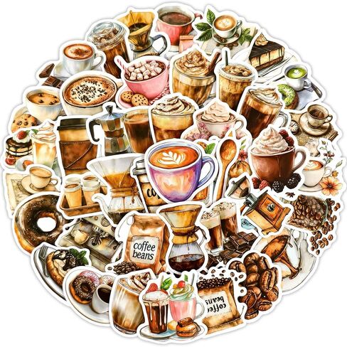 Dessert Coffee Stickers - 50 Pcs Waterproof Vinyl Coffee Bean for Water Bottle, Laptop, Phone Case, Cup, Guitar - Coffee Shop Stickers for Teens & Adults in Saudi Arabia