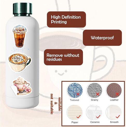 Dessert Coffee Stickers - 50 Pcs Waterproof Vinyl Coffee Bean for Water Bottle, Laptop, Phone Case, Cup, Guitar - Coffee Shop Stickers for Teens & Adults in Saudi Arabia