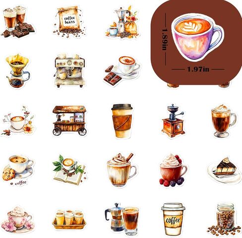 Dessert Coffee Stickers - 50 Pcs Waterproof Vinyl Coffee Bean for Water Bottle, Laptop, Phone Case, Cup, Guitar - Coffee Shop Stickers for Teens & Adults in Saudi Arabia