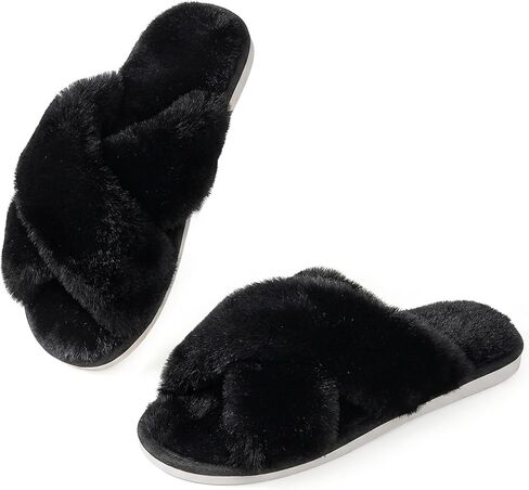 Ankis Womens Fuzzy Memory Foam Slippers Cross Band Cozy Plush Home Slippers Fluffy Furry Open Toe House Shoes Indoor Outdoor Slide Slipper in Kuwait