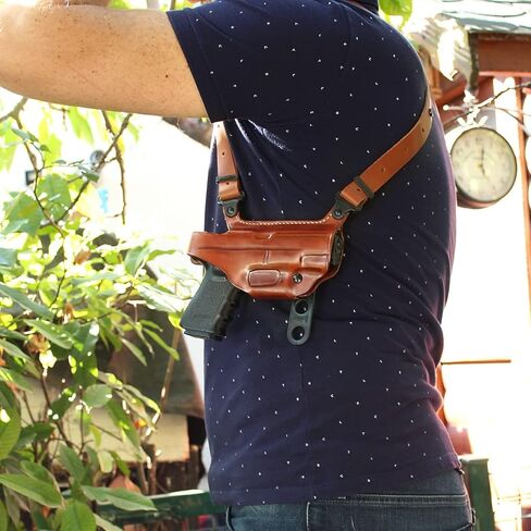 نظام حافظة كتف أفقية من الجلد الفاخر من Masc مع حامل مجلة مزدوج 15 جولة لـ G19/ G23/ G32، رسم باليد اليمنى، اللون البني #1014# in Kuwait