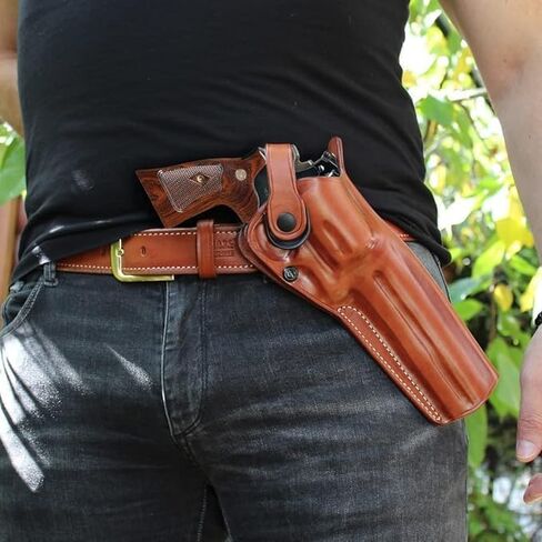 حافظة حزام جلدية بثلاث فتحات مع حزام الاحتفاظ يناسب Security Six 357 Magnum 6RD 6"، GP-100 .357 Magnum 6''، Python .357 Magnum 6'' برميل، رسم اليد اليمنى، اللون البني #1647# in Kuwait