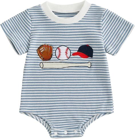 Infant Baby Boy Girl Baseball Outfit Embroidery Stripe Short Sleeve Bubble Romper Waffle Knit Bodysuit Summer Clothes in Saudi Arabia
