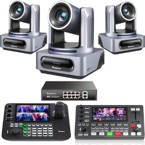 حزمة/أطقم Tenveo PTZ - 20X AI Auto Tracking NDI PTZ Camera (*3) مع SDI/HDMI/USB3.0/LAN(PoE)، وحدة تحكم NDI بشاشات LCD رباعية مقاس 7 بوصات، ومحول فيديو 4K HDMI + SDI و8 منافذ Gigabit PoE in Kuwait