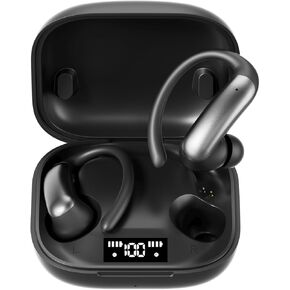 سماعات أذن لاسلكية بتقنية البلوتوث مع حافظة عرض LED لوقت تشغيل 60 ساعة، وخطاف فوق الأذن مع ميكروفون، وصوت ستيريو، وأزرار تحكم سهلة، وسماعات أذن رياضية لتشغيل التمارين الرياضية في صالة الألعاب الرياضية باللون البرتقالي in Kuwait