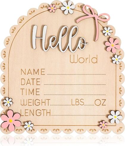 علامة إعلان الطفل الخشبية Hello World، علامة إعلان مخصصة لحديثي الولادة، لوحة ترحيب بالطفل على شكل زهرة وردية ديزي تحمل اسم الجنس والمستشفى المحايدة لصور الحضانة هدية تذكارية in Kuwait