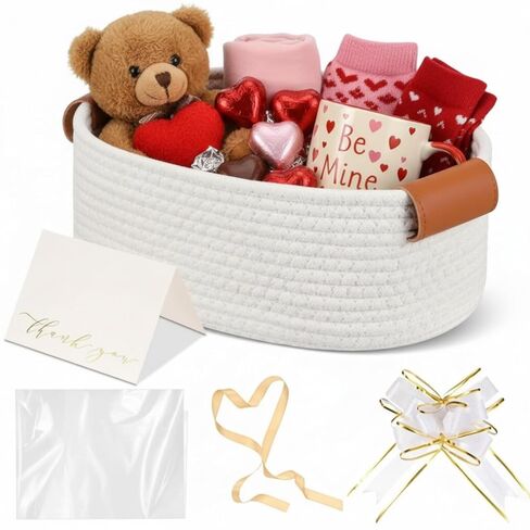 Valentine's Day Small Woven Basket with Gift Bag Ribbon Bow and Thank You Card 12"x 8"x 5" Gift Baskets Empty White Rope with Handles for Baby Nursery Room Shelf Storage Birthday in Saudi Arabia