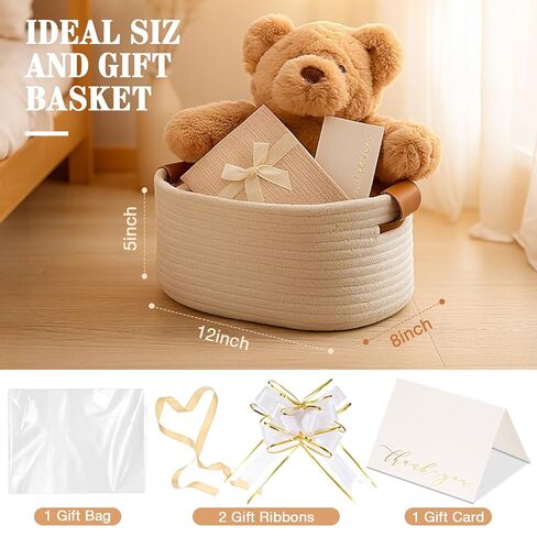 Valentine's Day Small Woven Basket with Gift Bag Ribbon Bow and Thank You Card 12"x 8"x 5" Gift Baskets Empty White Rope with Handles for Baby Nursery Room Shelf Storage Birthday in Saudi Arabia