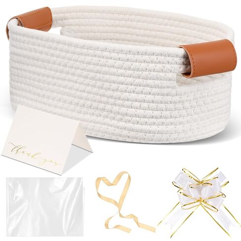 Valentine's Day Small Woven Basket with Gift Bag Ribbon Bow and Thank You Card 12"x 8"x 5" Gift Baskets Empty White Rope with Handles for Baby Nursery Room Shelf Storage Birthday in Saudi Arabia