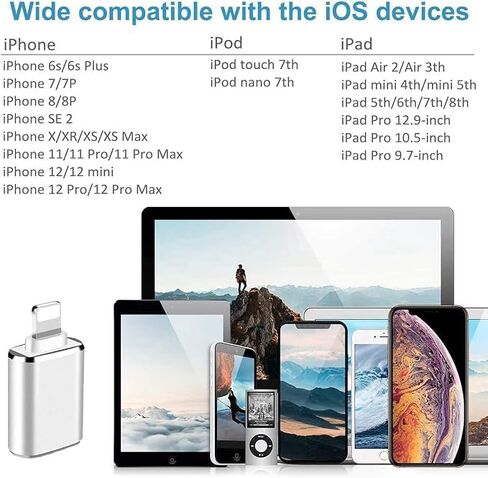 كابل محول Lightning إلى USB 3.0 أنثى OTG، 2 كابل مزامنة بيانات لهاتف iPhone 13/12/11/XR/X/XS/8/7، متوافق مع قارئ البطاقات، محرك فلاش، ماوس، لوحة مفاتيح MIDI (فضي) in Kuwait