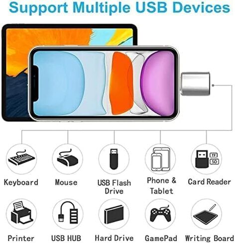 كابل محول Lightning إلى USB 3.0 أنثى OTG، 2 كابل مزامنة بيانات لهاتف iPhone 13/12/11/XR/X/XS/8/7، متوافق مع قارئ البطاقات، محرك فلاش، ماوس، لوحة مفاتيح MIDI (فضي) in Kuwait