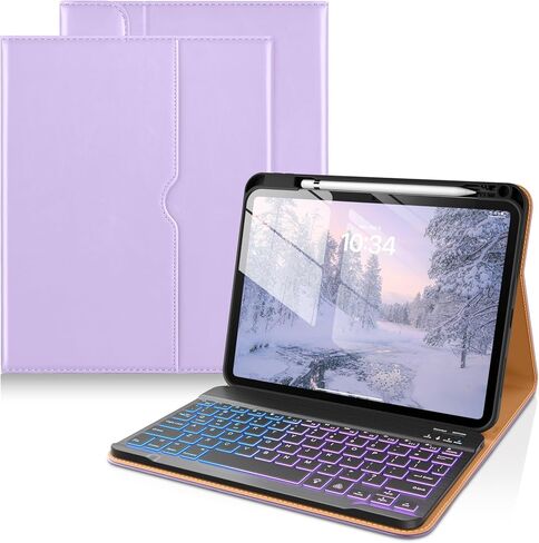 حافظة DTTO لجهاز iPad 11th (A16)/ الجيل العاشر مع لوحة مفاتيح (2025/2022)، غطاء جلدي قابل للفصل بإضاءة خلفية لاسلكية بـ 7 ألوان مع حامل قلم رصاص وجيب، أرجواني in Kuwait