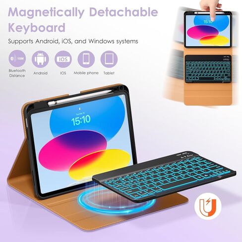 حافظة DTTO لجهاز iPad 11th (A16)/ الجيل العاشر مع لوحة مفاتيح (2025/2022)، غطاء جلدي قابل للفصل بإضاءة خلفية لاسلكية بـ 7 ألوان مع حامل قلم رصاص وجيب، أرجواني in Kuwait