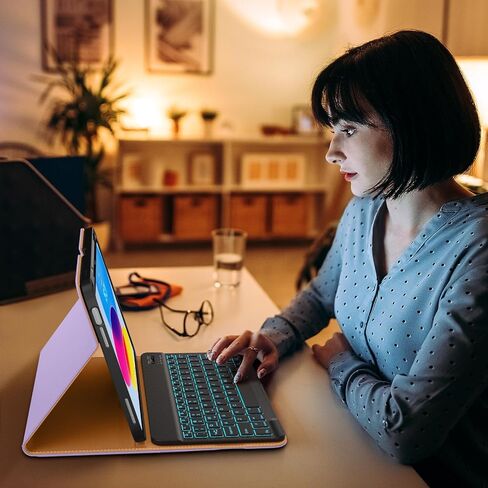 حافظة DTTO لجهاز iPad 11th (A16)/ الجيل العاشر مع لوحة مفاتيح (2025/2022)، غطاء جلدي قابل للفصل بإضاءة خلفية لاسلكية بـ 7 ألوان مع حامل قلم رصاص وجيب، أرجواني in Kuwait