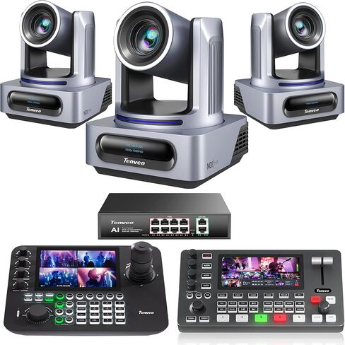 حزمة/أطقم Tenveo PTZ - 20X AI Auto Tracking NDI PTZ Camera (*3) مع SDI/HDMI/USB3.0/LAN(PoE)، وحدة تحكم NDI بشاشات LCD رباعية مقاس 7 بوصات، ومحول فيديو 4K HDMI + SDI و8 منافذ Gigabit PoE in Saudi Arabia