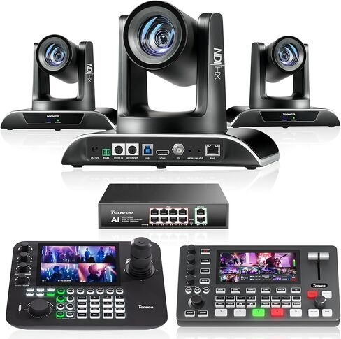 Tenveo PTZ Camera Bundle/Kits - 30X NDI AI Auto-Tracking PTZ Camera(3pcs) with SDI/HDMI/USB3.0/LAN(PoE), NDI PTZ Joystick Controller, 4K HDMI +SDI Video Switcher Mixer and 8 Port Gigabit PoE Switch in Saudi Arabia