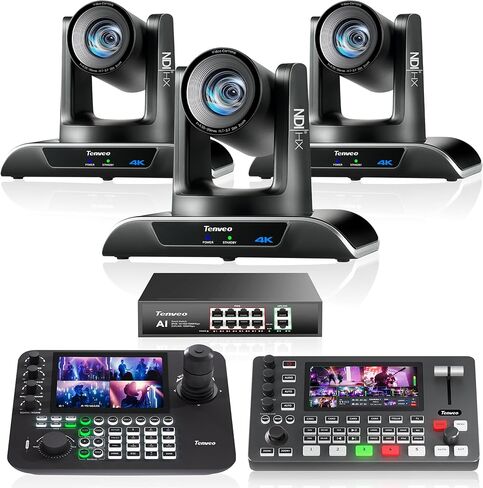 Tenveo PTZ Bundle/Kits - 20X 4K AI Auto-Tracking NDI PTZ Camera(*3) with HDMI/USB3.0/LAN(PoE), 7’’ LCD Quad-Screen NDI Joystick Controller, 4K HDMI + SDI Video Switcher and 8 Port Gigabit PoE Switch in Saudi Arabia