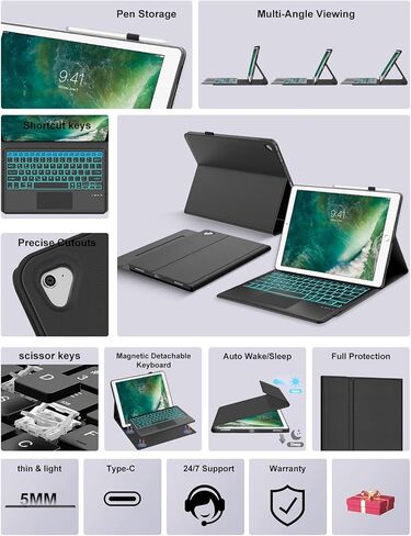 Touch Keyboard Case for iPad Pro 12.9 1st 2015/2nd 2017 Generation Case with Trackpad, Detachable Keypad for iPad Pro 12.9in Old Model: A1670/A1671/A1584/A1652 Cover Folio with Colors Backlight, Black in Saudi Arabia