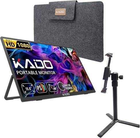 شاشة Kado المحمولة 15.6 بوصة FHD 1080p VESA/Clamp مجموعة حامل ثلاثي القوائم، شاشة ألعاب USB-C HDMI فائقة النحافة IPS مكبرات صوت مدمجة، شاشة خارجية لأجهزة الكمبيوتر المحمول والهاتف Mac Xbox PS4/PS5 Switch in Saudi Arabia