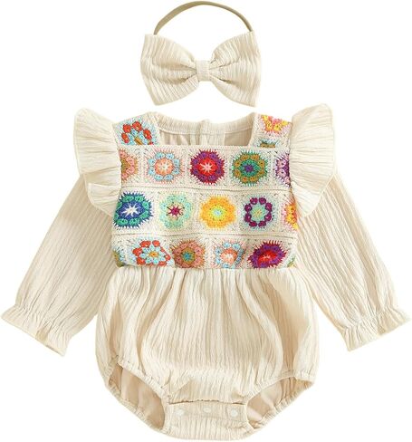 Baby Girl Romper Summer Clothes Ruffle Sleeveless Onesie Crochet Floral Bubble Romper Infant Bodysuit Boho Outfit in Saudi Arabia