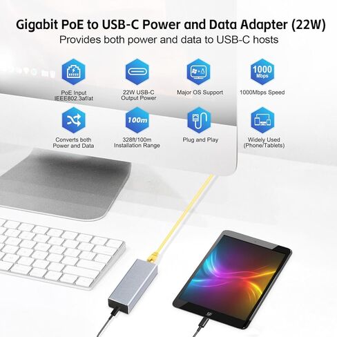 محول MokerLink Gigabit PoE إلى Type-C، مخرج USB C 5V/3A أو 9V/2.22A مع إيثرنت 1000M، IEEE802.3af/at 10/100/1000Mbps PoE in، شحن PD وشبكة سلكية للكمبيوتر اللوحي/الهاتف الذكي/الكمبيوتر المحمول in Kuwait