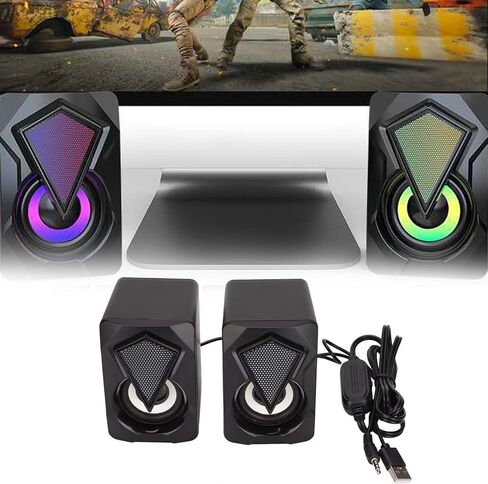 مكبر صوت X2 صغير لسطح المكتب، مصابيح LED ملونة RGB ومكبرات صوت محمولة تعمل بمنفذ USB مع مدخل Aux 3.5 مم، لأجهزة الكمبيوتر المحمول والكمبيوتر اللوحي والألعاب المنزلية والمكتب in Kuwait