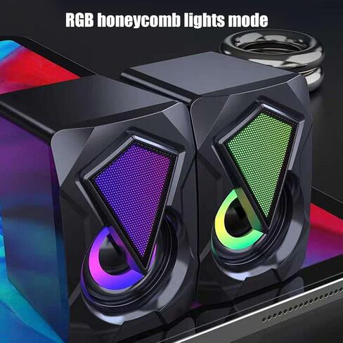 مكبر صوت X2 صغير لسطح المكتب، مصابيح LED ملونة RGB ومكبرات صوت محمولة تعمل بمنفذ USB مع مدخل Aux 3.5 مم، لأجهزة الكمبيوتر المحمول والكمبيوتر اللوحي والألعاب المنزلية والمكتب in Kuwait