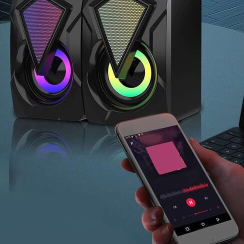مكبر صوت X2 صغير لسطح المكتب، مصابيح LED ملونة RGB ومكبرات صوت محمولة تعمل بمنفذ USB مع مدخل Aux 3.5 مم، لأجهزة الكمبيوتر المحمول والكمبيوتر اللوحي والألعاب المنزلية والمكتب in Kuwait