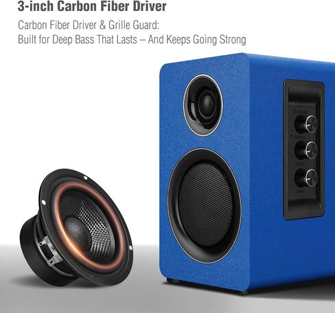 سماعات كمبيوتر للكمبيوتر المكتبي، مكبر صوت نشط على رف الكتب مع مكبر صوت من ألياف الكربون مقاس 3 بوصات ومكبر صوت بفيلم حريري، يدعم تقنية Bluetooth 5.3، ومدخل USB-C، ومدخل AUX/RCA لمشغل تسجيل التلفزيون - مجموعة ستيريو زرقاء in Kuwait