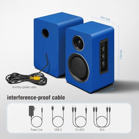 سماعات كمبيوتر للكمبيوتر المكتبي، مكبر صوت نشط على رف الكتب مع مكبر صوت من ألياف الكربون مقاس 3 بوصات ومكبر صوت بفيلم حريري، يدعم تقنية Bluetooth 5.3، ومدخل USB-C، ومدخل AUX/RCA لمشغل تسجيل التلفزيون - مجموعة ستيريو زرقاء in Kuwait