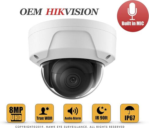 HAWK EYE SURVEILLANCE 8MP PoE Security IP Camera, Compatible with DS-2CD2383G2-IU Mini Dome EXIR Night Vision 2.8mm Fixed Lens H.265+ Built in Microphone, English Version, Firmware Upgradable in Kuwait