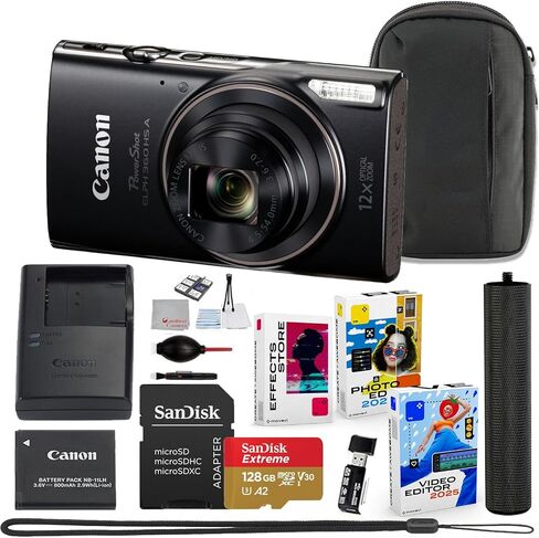 حزمة كاميرا Canon PowerShot ELPH 360 HS A الرقمية (أسود) + حزمة الملحقات التي تتضمن بطاقة Sandisk Extreme Micro Card سعة 128 جيجابايت، وقبضة، وحقيبة، وحزمة برامج تحرير الصور/الفيديو (16 عنصرًا) in Saudi Arabia