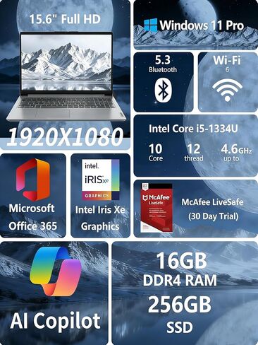 Lenovo IdeaPad 1i Laptop, Copilot AI, Microsoft Office, Intel Core i5-1335U（10-core, 16GB RAM 256GB SSD, 15.6'' FHD Display, Wi-Fi, Camera, Number Keypad, Windows 11 Pro, Alpacatec Accessories in Saudi Arabia